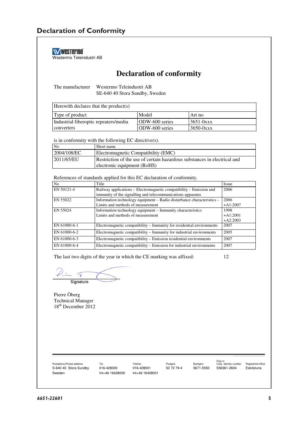 Declaration of conformity | Westermo ODW-610-F1 User Manual | Page 5 / 20