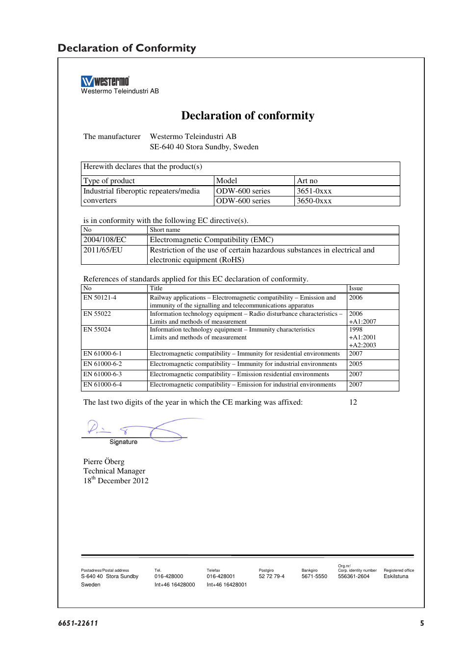 Declaration of conformity | Westermo ODW-610-F2 User Manual | Page 5 / 24