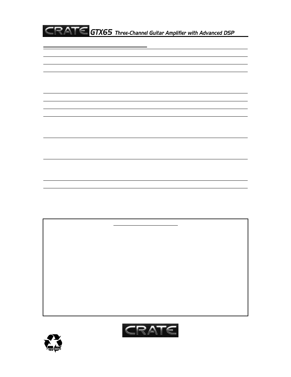 Gtx65, Three-channel guitar amplifier with advanced dsp | Crate Amplifiers GTX65 User Manual | Page 16 / 16