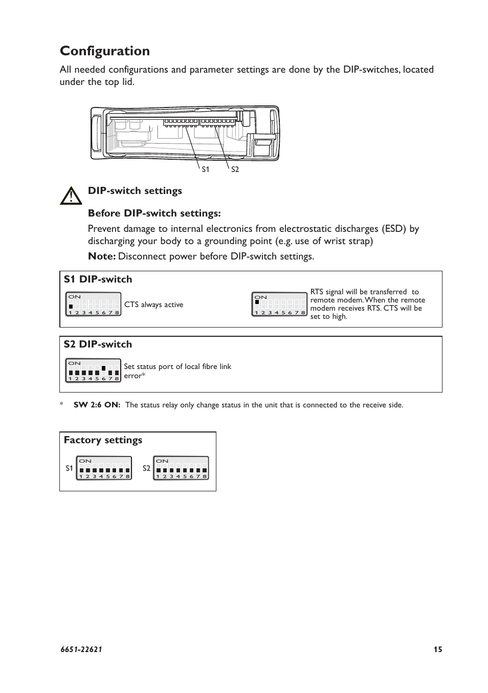 Configuration, S1 dip-switch, Factory settings | S2 dip-switch | Westermo ODW-620-F1 User Manual | Page 15 / 20