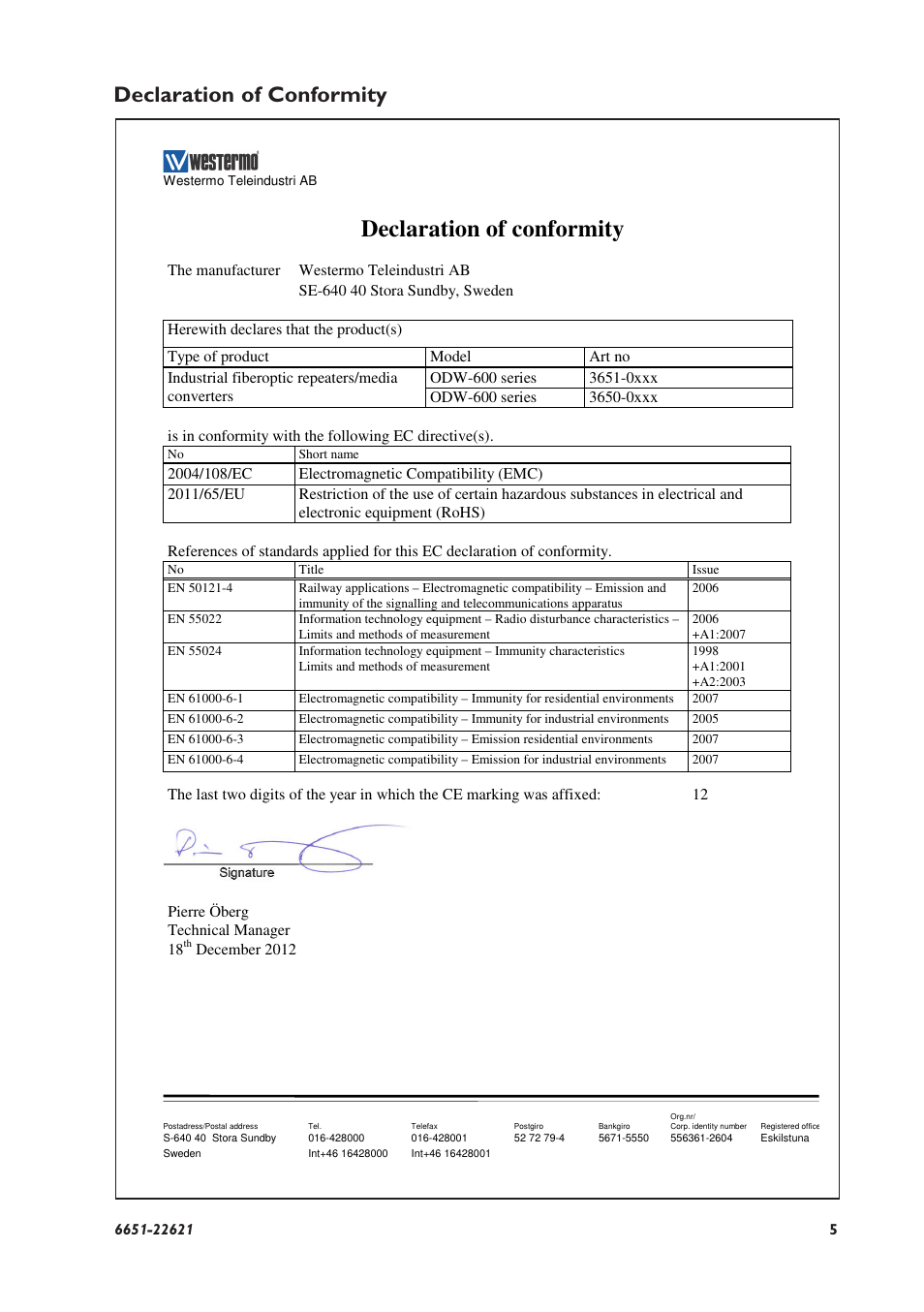 Declaration of conformity | Westermo ODW-620-F1 User Manual | Page 5 / 20