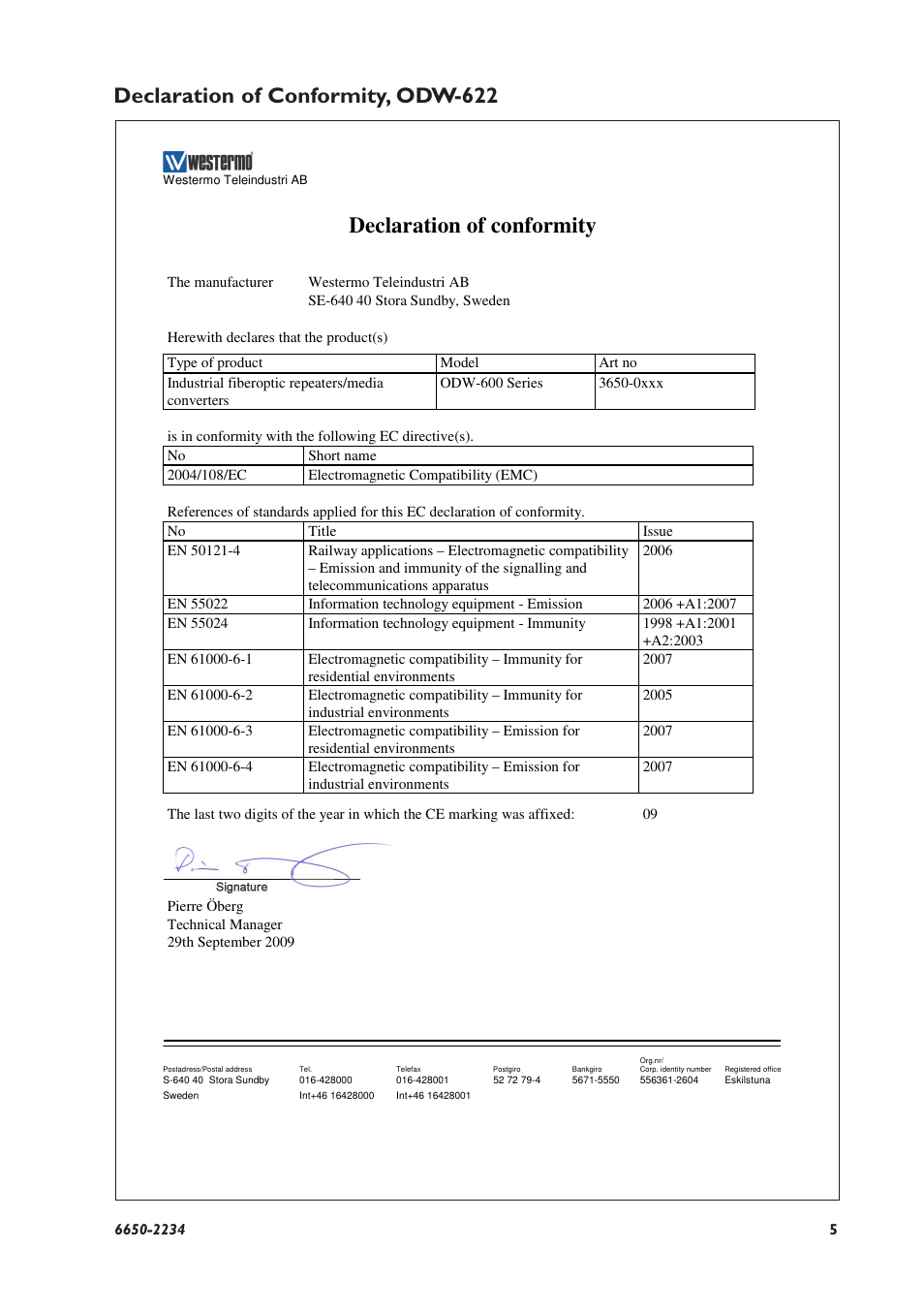 Declaration of conformity, Declaration of conformity, odw-622 | Westermo ODW-622 User Manual | Page 5 / 28