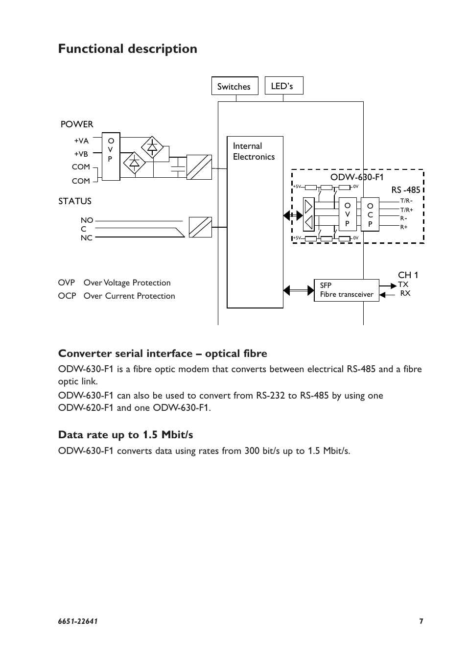 Functional description, Converter serial interface – optical fibre, Data rate up to 1.5 mbit/s | Westermo ODW-630-F1 User Manual | Page 7 / 24
