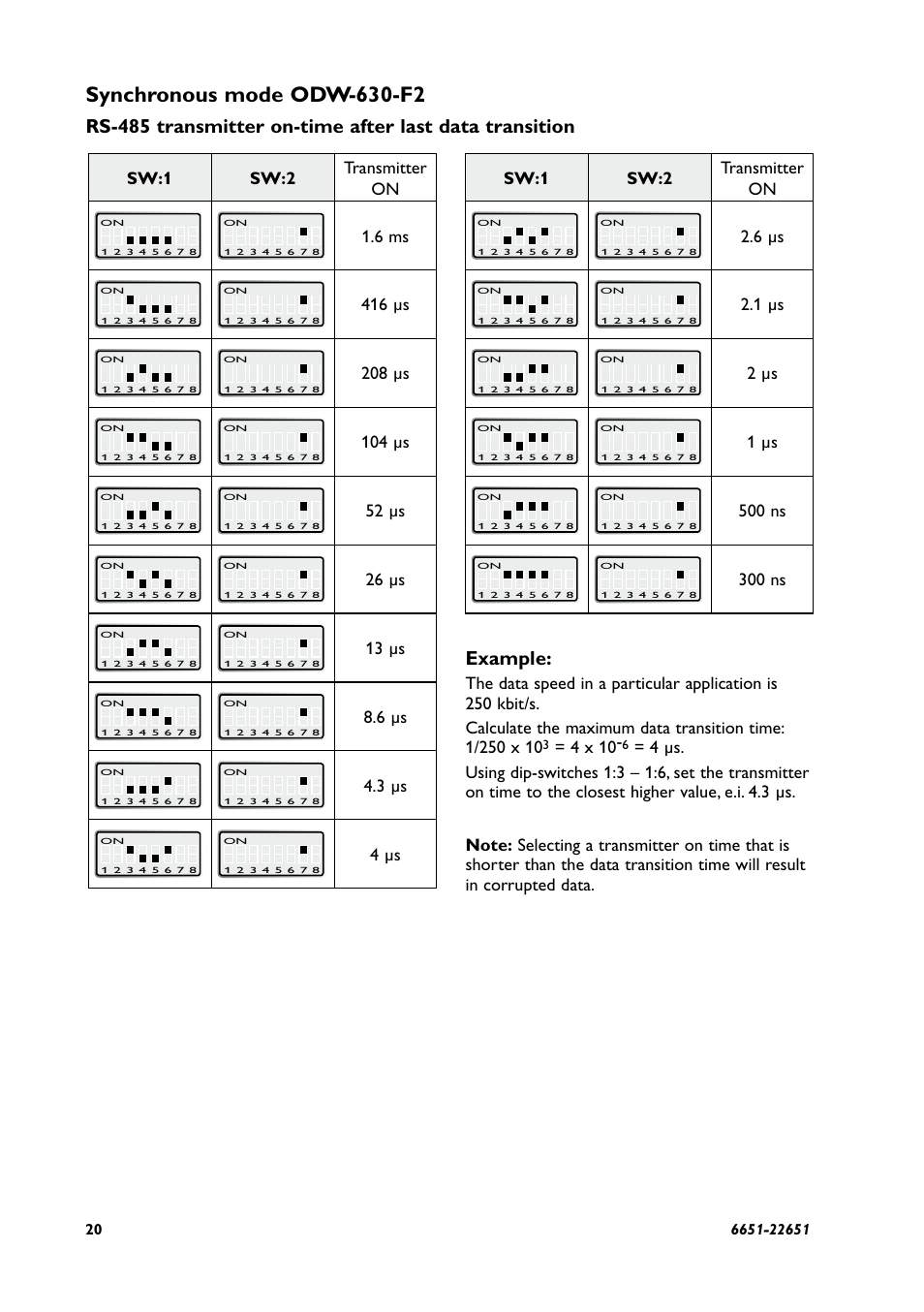 Synchronous mode odw-630-f2, Example, Sw:1 sw:2 transmitter on | 6 ms, 416 µs, 208 µs, 104 µs, 52 µs, 26 µs, 13 µs | Westermo ODW-630-F2 User Manual | Page 20 / 28