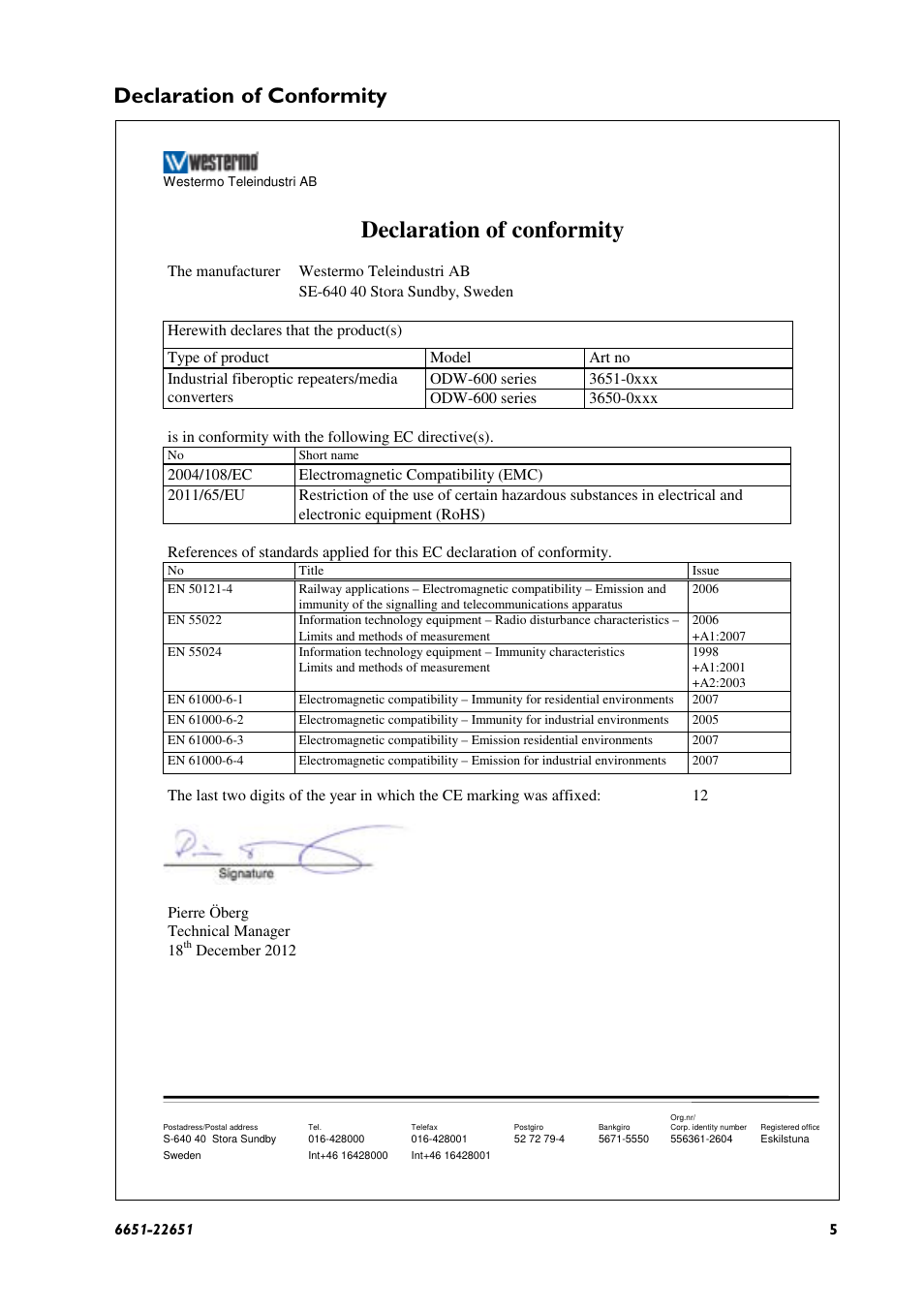 Declaration of conformity | Westermo ODW-630-F2 User Manual | Page 5 / 28