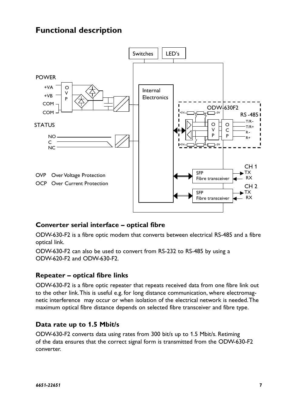 Functional description, Converter serial interface – optical fibre, Repeater – optical fibre links | Data rate up to 1.5 mbit/s | Westermo ODW-630-F2 User Manual | Page 7 / 28