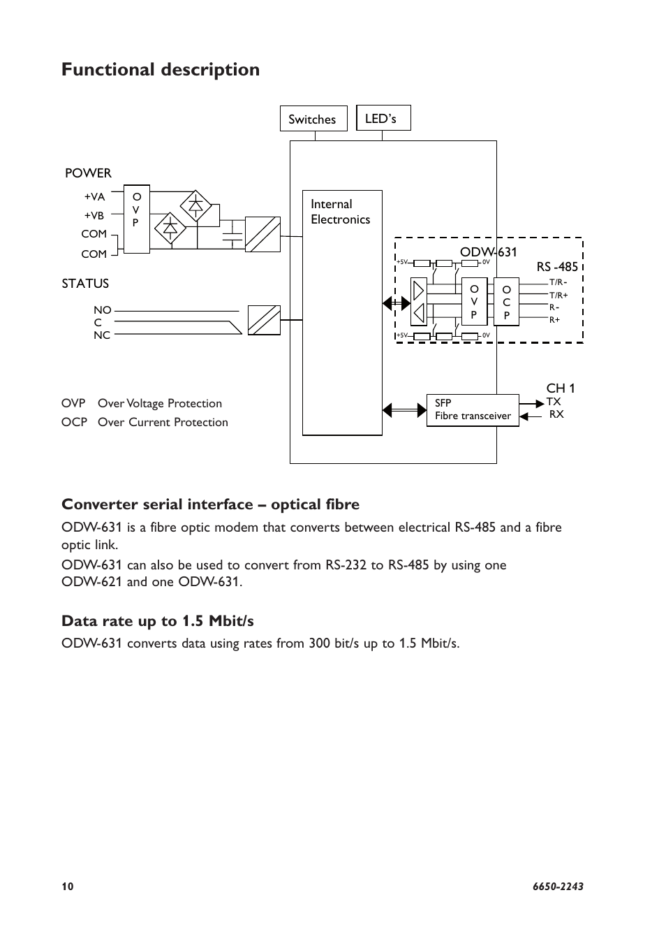 Functional description, Converter serial interface – optical fibre, Data rate up to 1.5 mbit/s | Westermo ODW-631 User Manual | Page 10 / 26