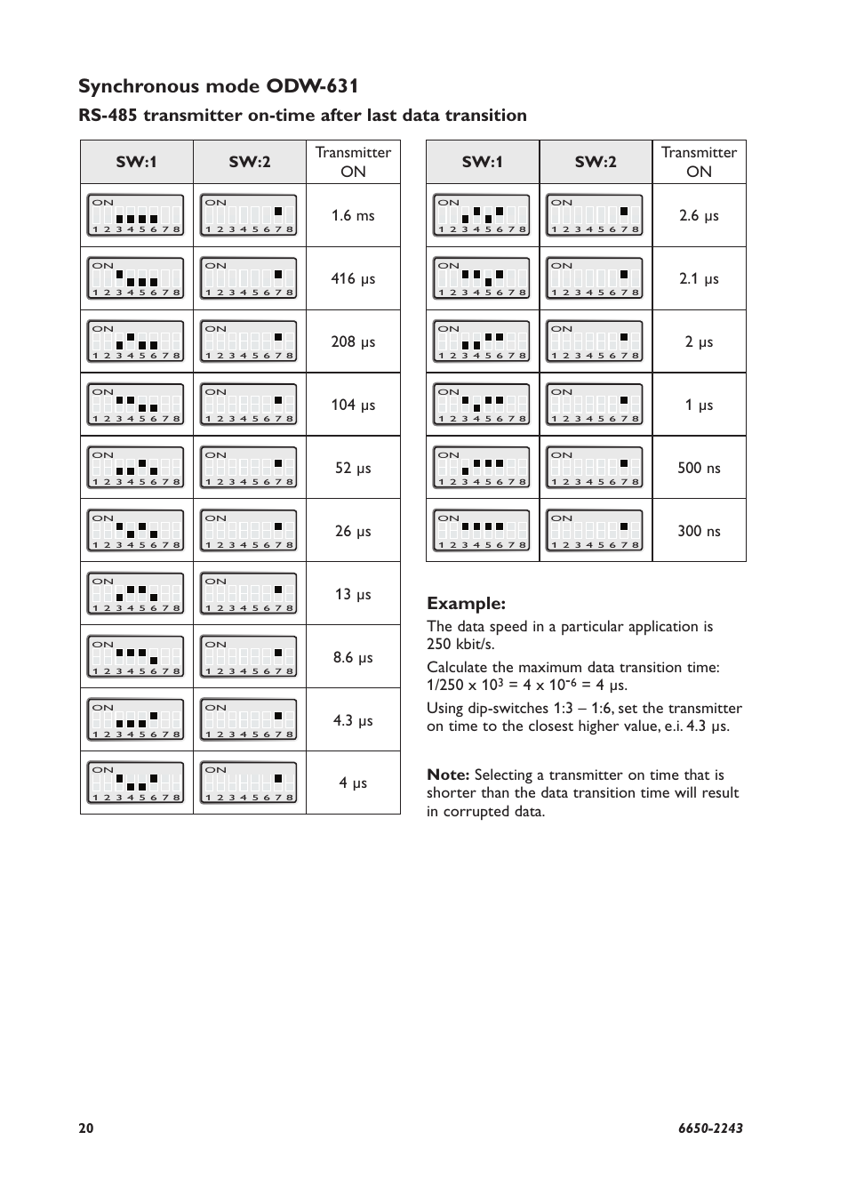 Synchronous mode odw-631, Example, Sw:1 sw:2 transmitter on | 6 ms, 416 µs, 208 µs, 104 µs, 52 µs, 26 µs, 13 µs | Westermo ODW-631 User Manual | Page 20 / 26