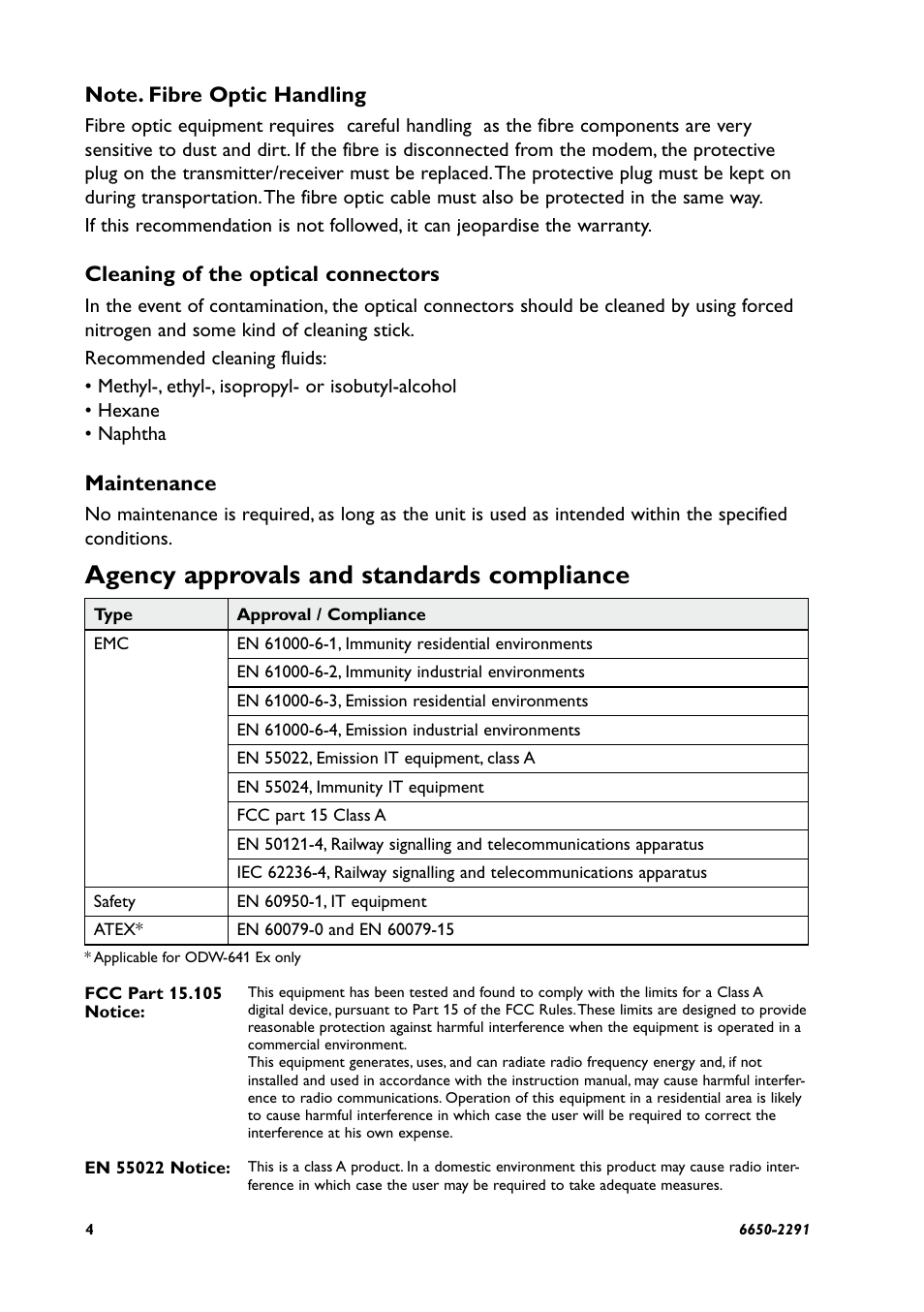 Agency approvals and standards compliance, Cleaning of the optical connectors, Maintenance | Westermo ODW-641 User Manual | Page 4 / 28