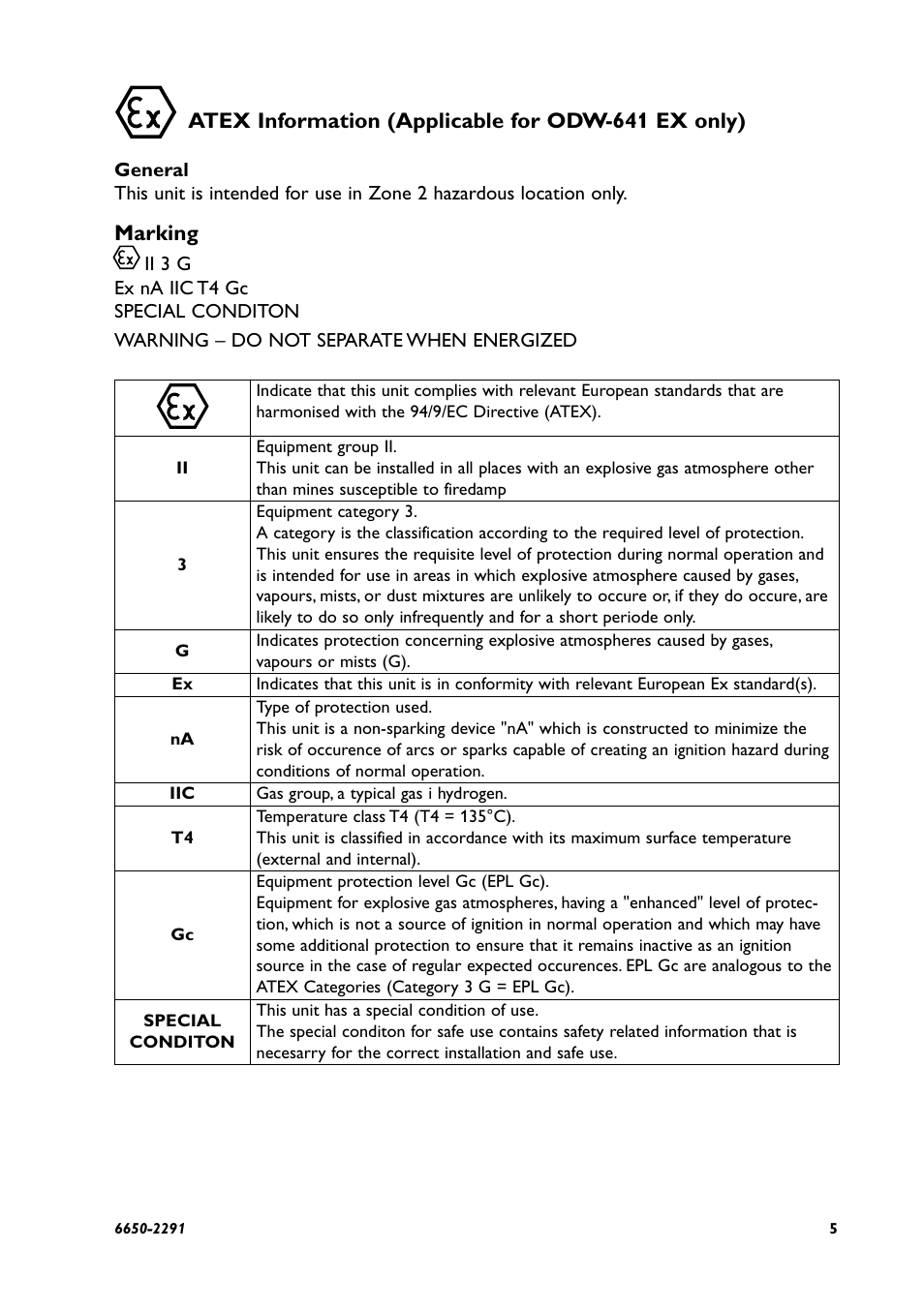 Marking, Atex information (applicable for odw-641 ex only) | Westermo ODW-641 User Manual | Page 5 / 28