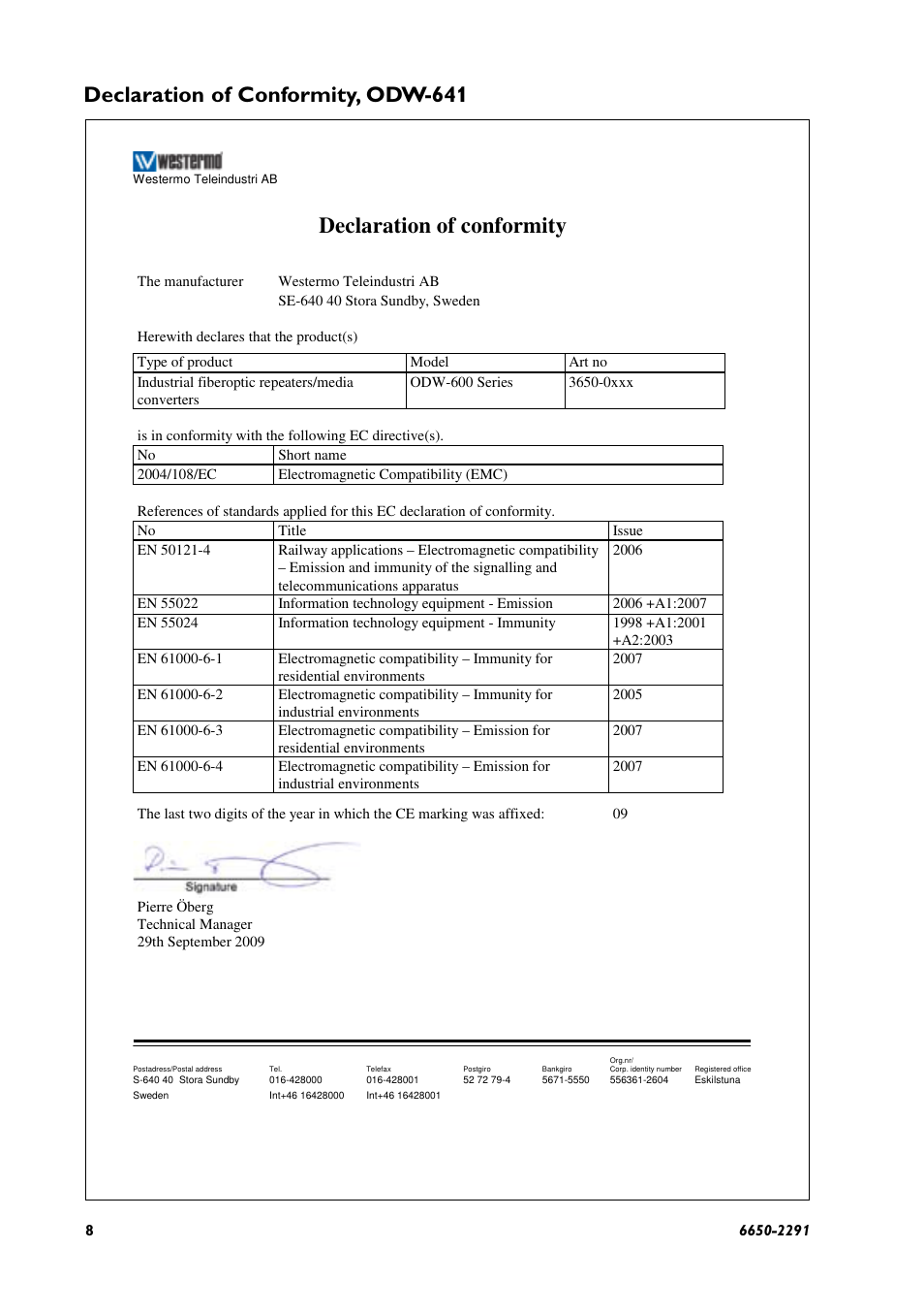 Declaration of conformity, Declaration of conformity, odw-641 | Westermo ODW-641 User Manual | Page 8 / 28