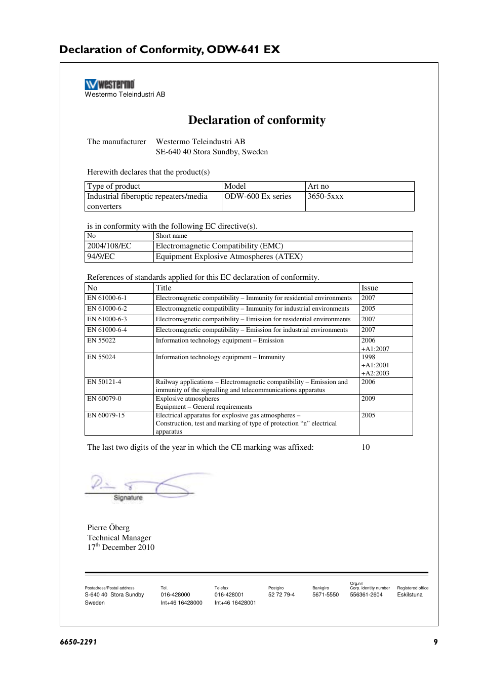 Declaration of conformity, Declaration of conformity, odw-641 ex | Westermo ODW-641 User Manual | Page 9 / 28