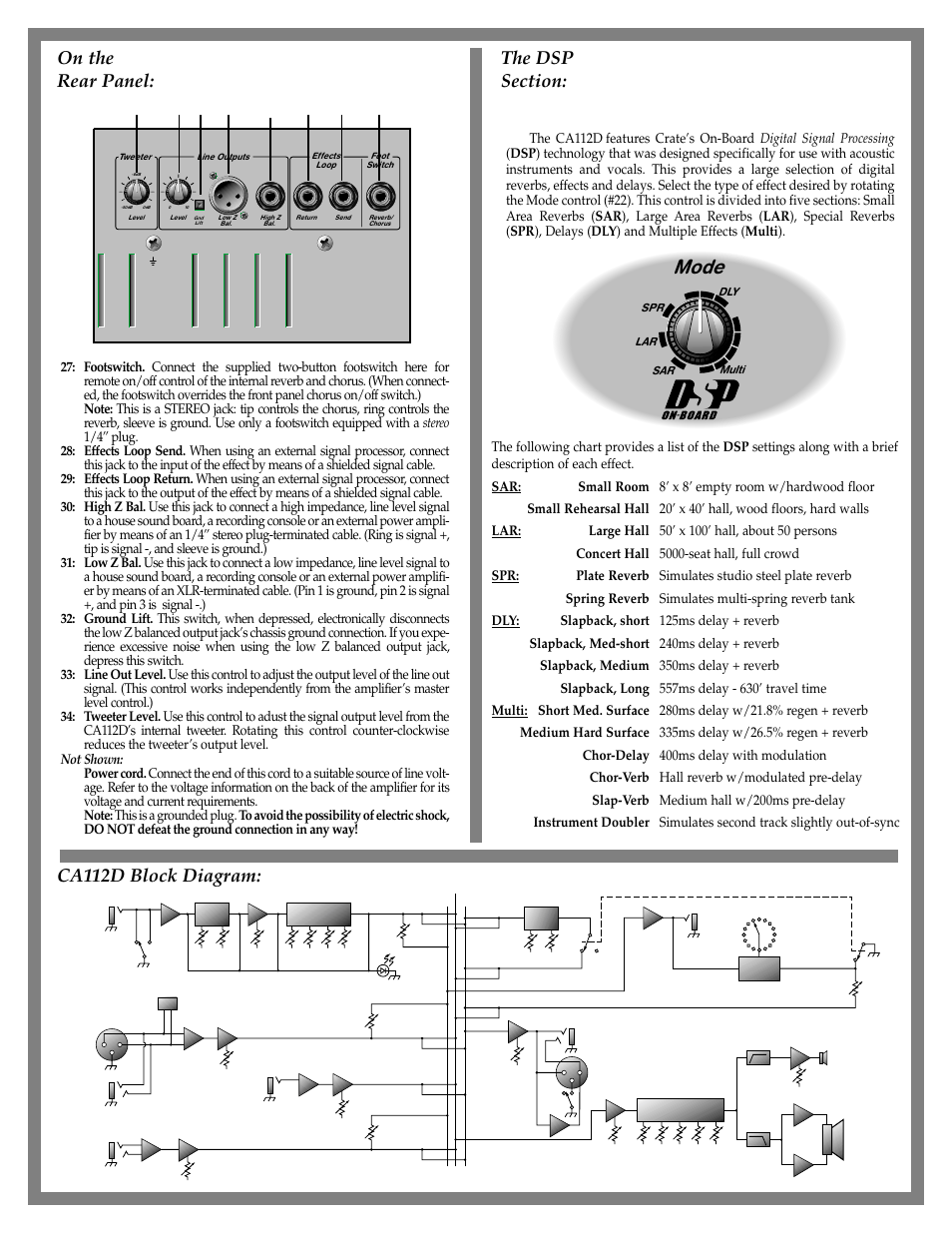 Mode, Ca112d block diagram | Crate Amplifiers CA112D User Manual | Page 5 / 6