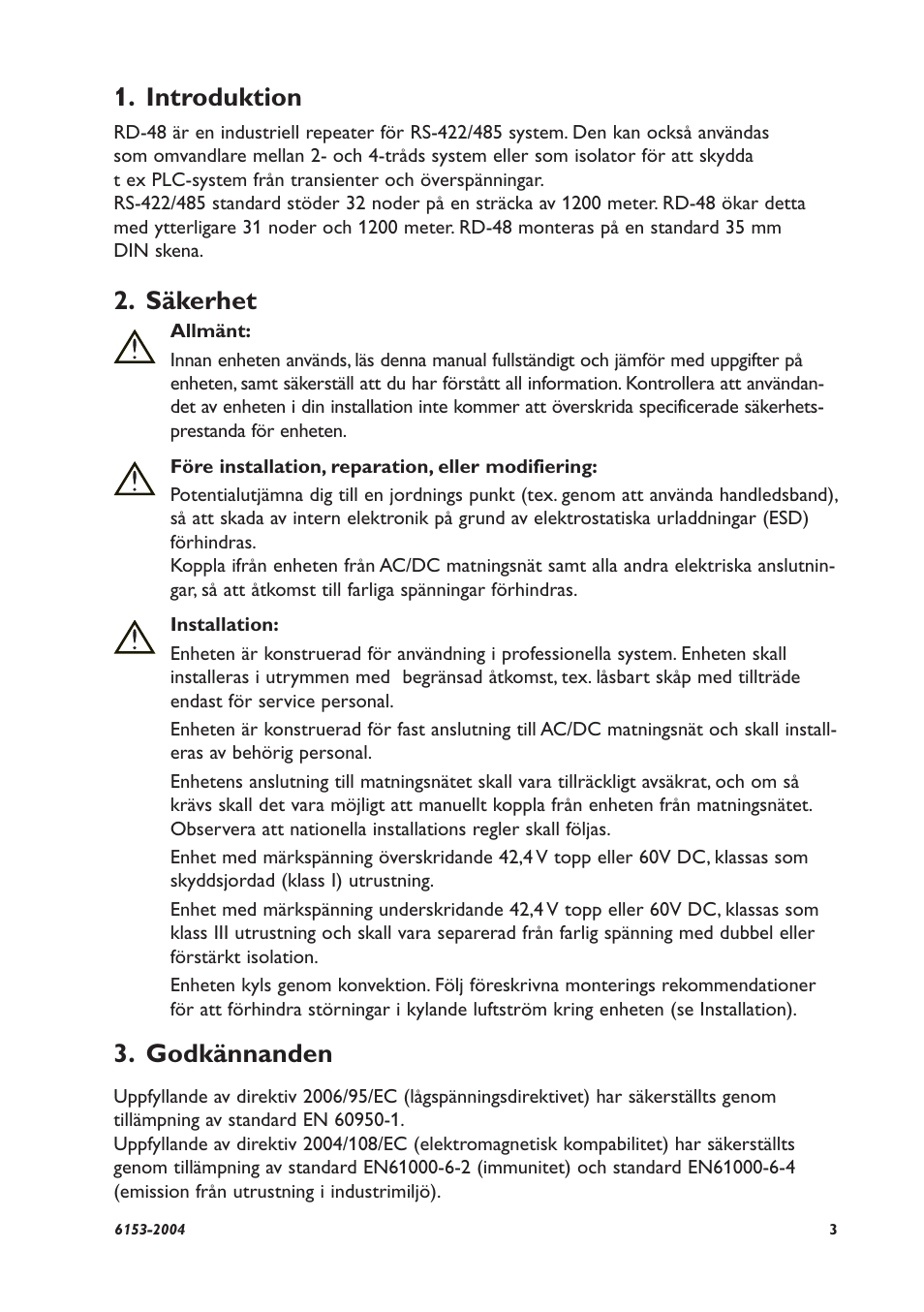 Introduktion, Säkerhet, Godkännanden | Westermo RD-48 User Manual | Page 3 / 56
