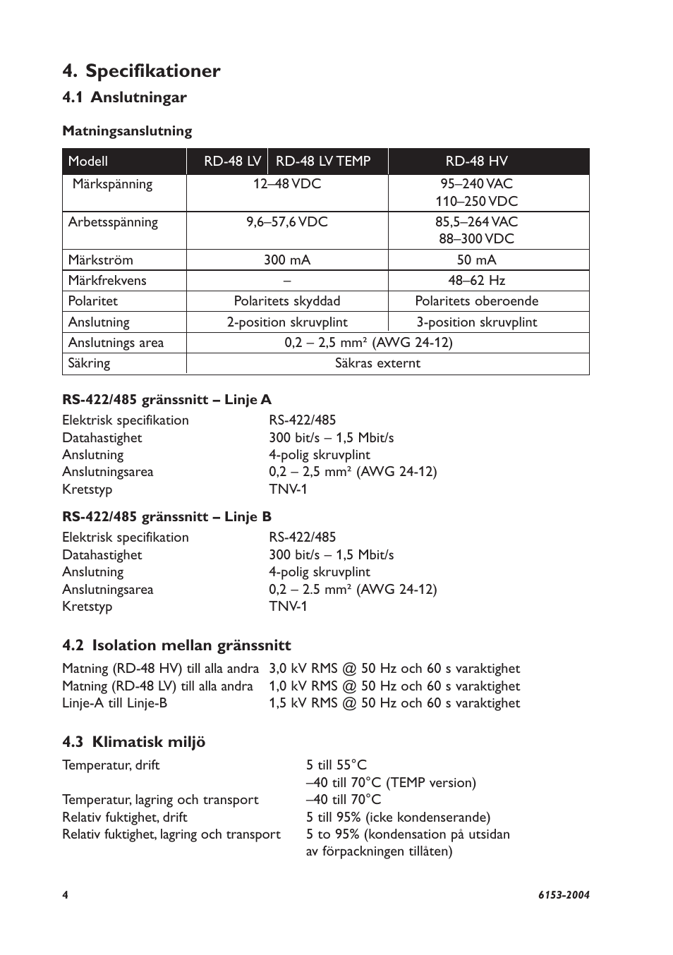 Specifikationer | Westermo RD-48 User Manual | Page 4 / 56