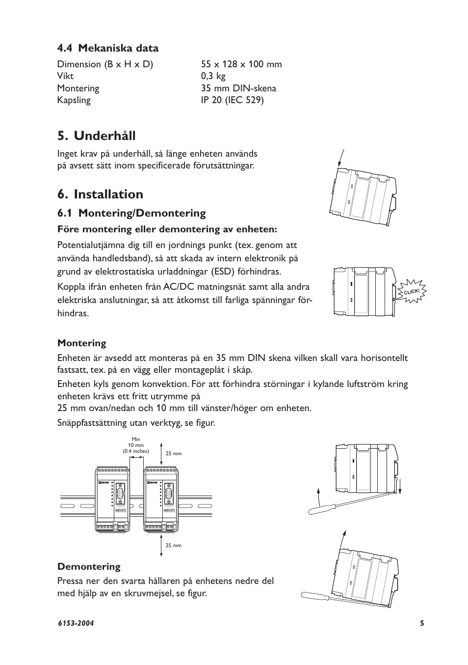 Underhåll, Installation, 4 mekaniska data | 1 montering/demontering | Westermo RD-48 User Manual | Page 5 / 56