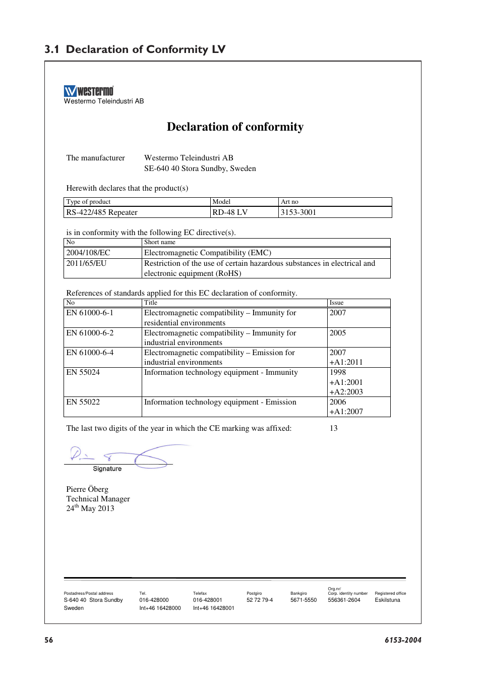 Declaration of conformity, 1 declaration of conformity lv | Westermo RD-48 User Manual | Page 54 / 56