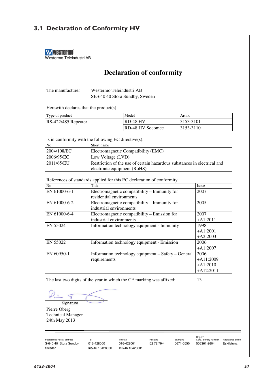 Declaration of conformity, 1 declaration of conformity hv | Westermo RD-48 User Manual | Page 55 / 56