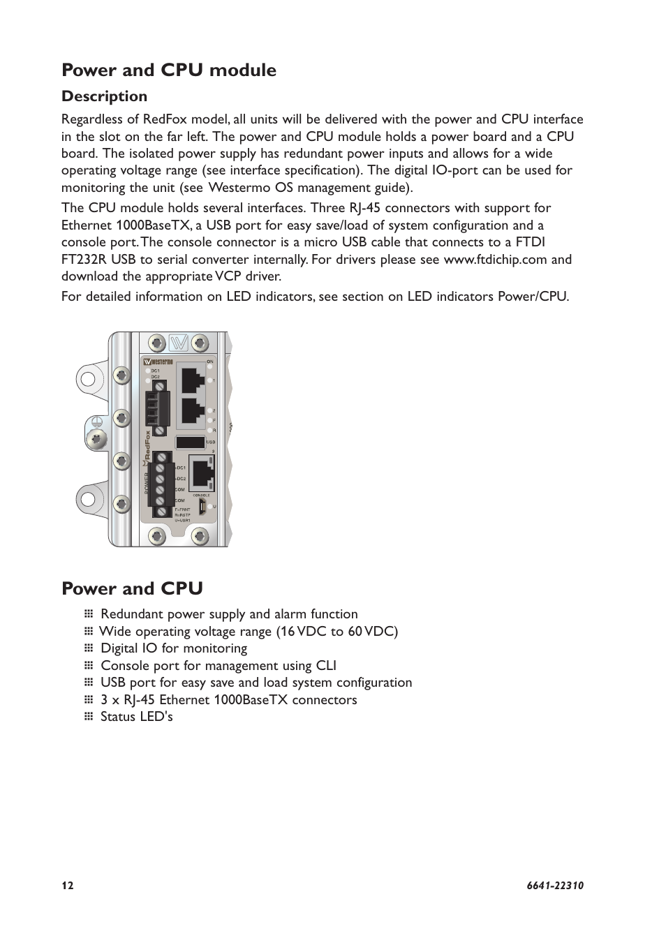 Power and cpu module, Power and cpu | Westermo RFI-2xx User Manual | Page 12 / 32