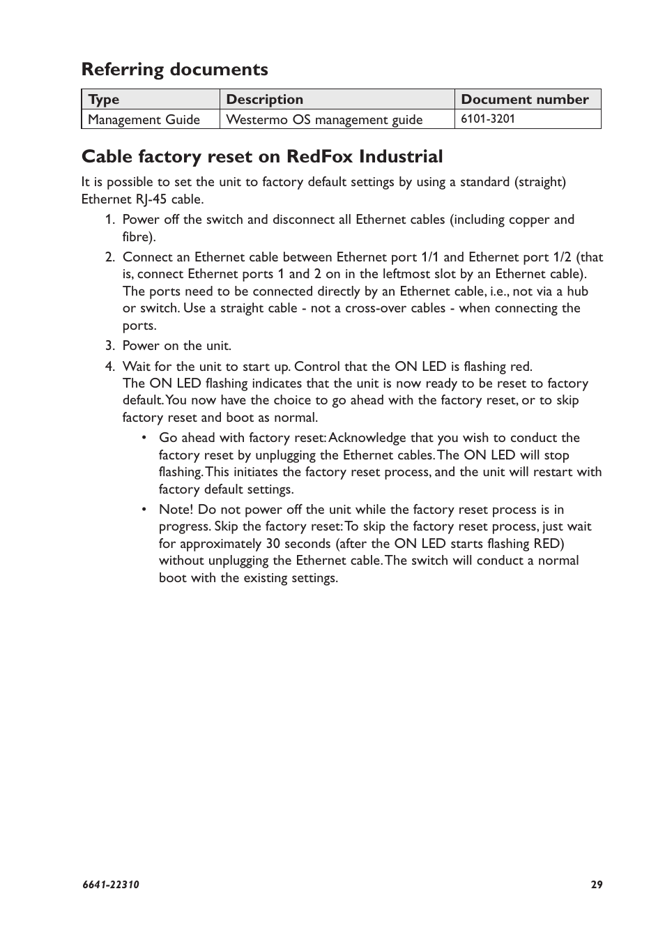 Cable factory reset on redfox industrial, Referring documents | Westermo RFI-2xx User Manual | Page 29 / 32