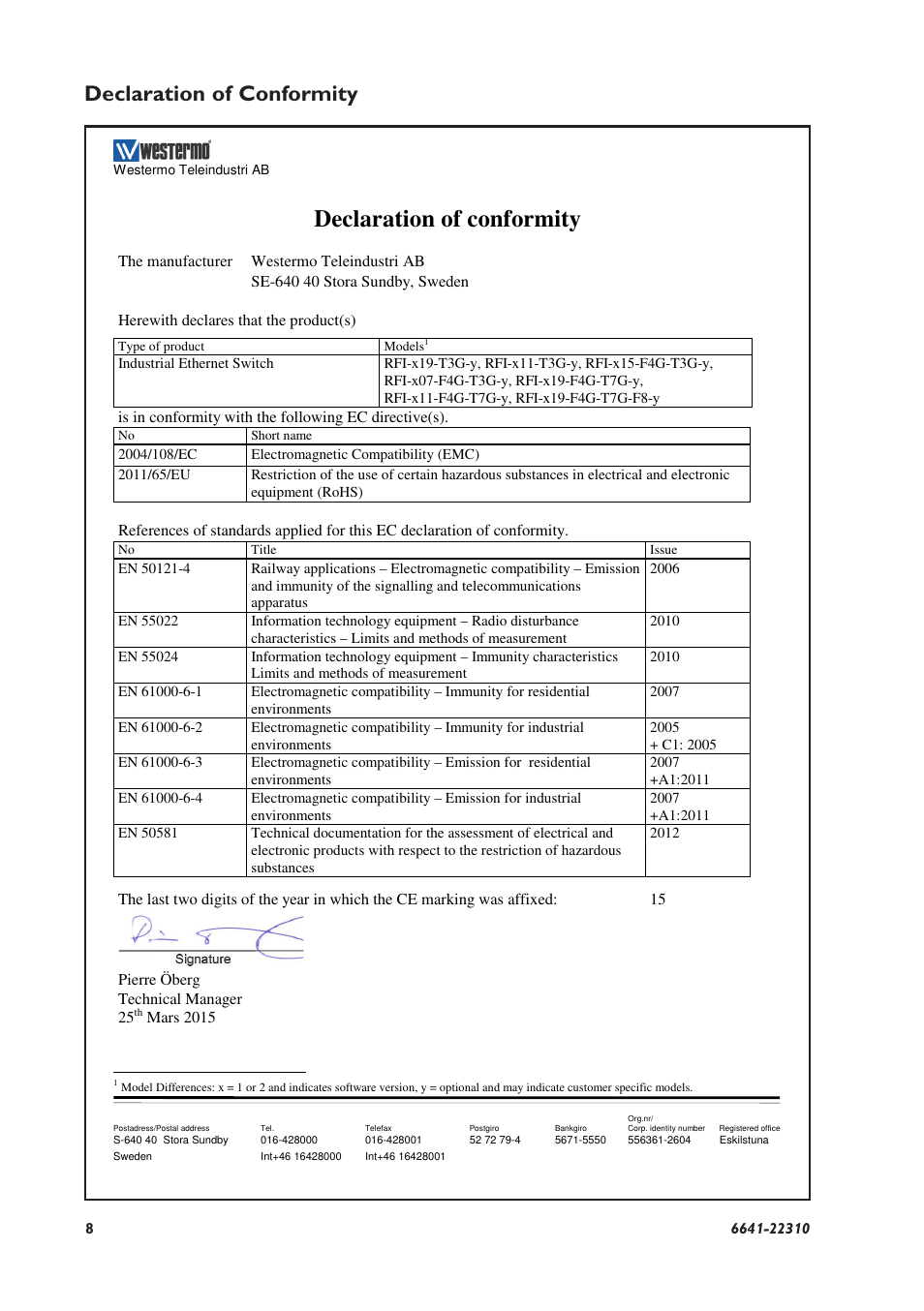 Declaration of conformity | Westermo RFI-2xx User Manual | Page 8 / 32