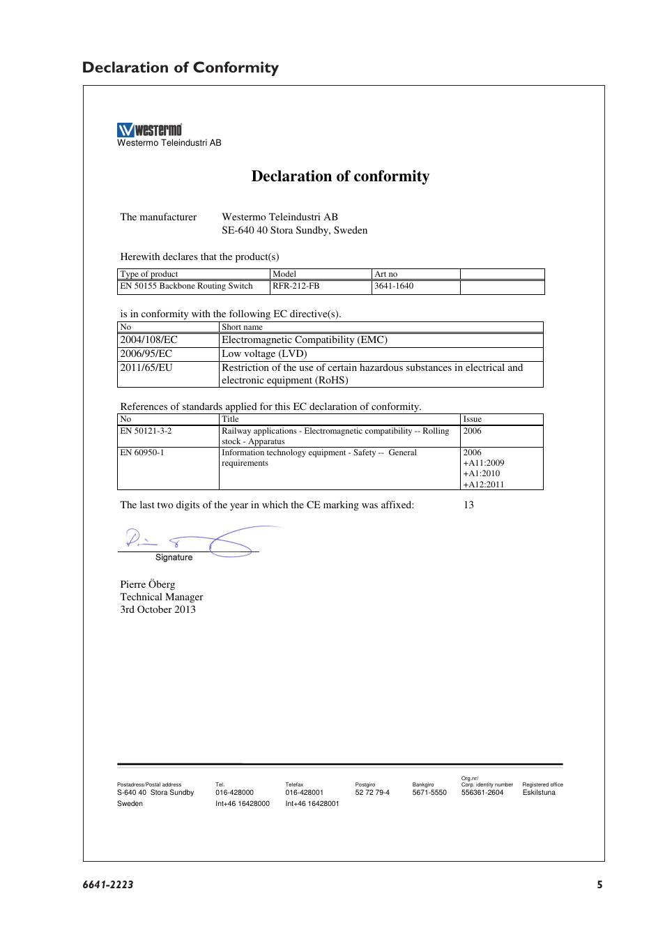 Declaration of conformity | Westermo RFR-212-FB User Manual | Page 5 / 20