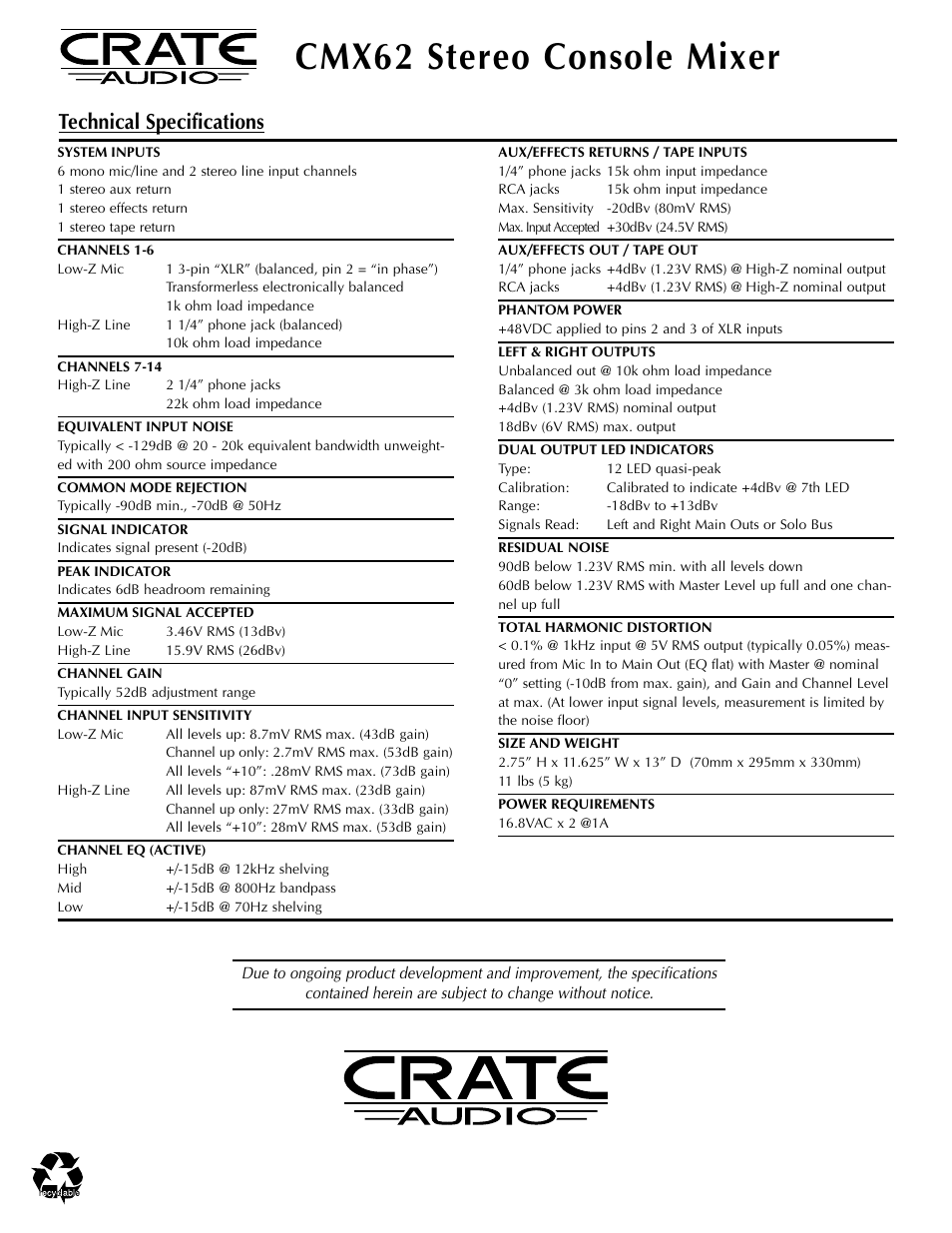 Cmx62 stereo console mixer, Technical specifications | Crate Amplifiers CMX62 User Manual | Page 16 / 16