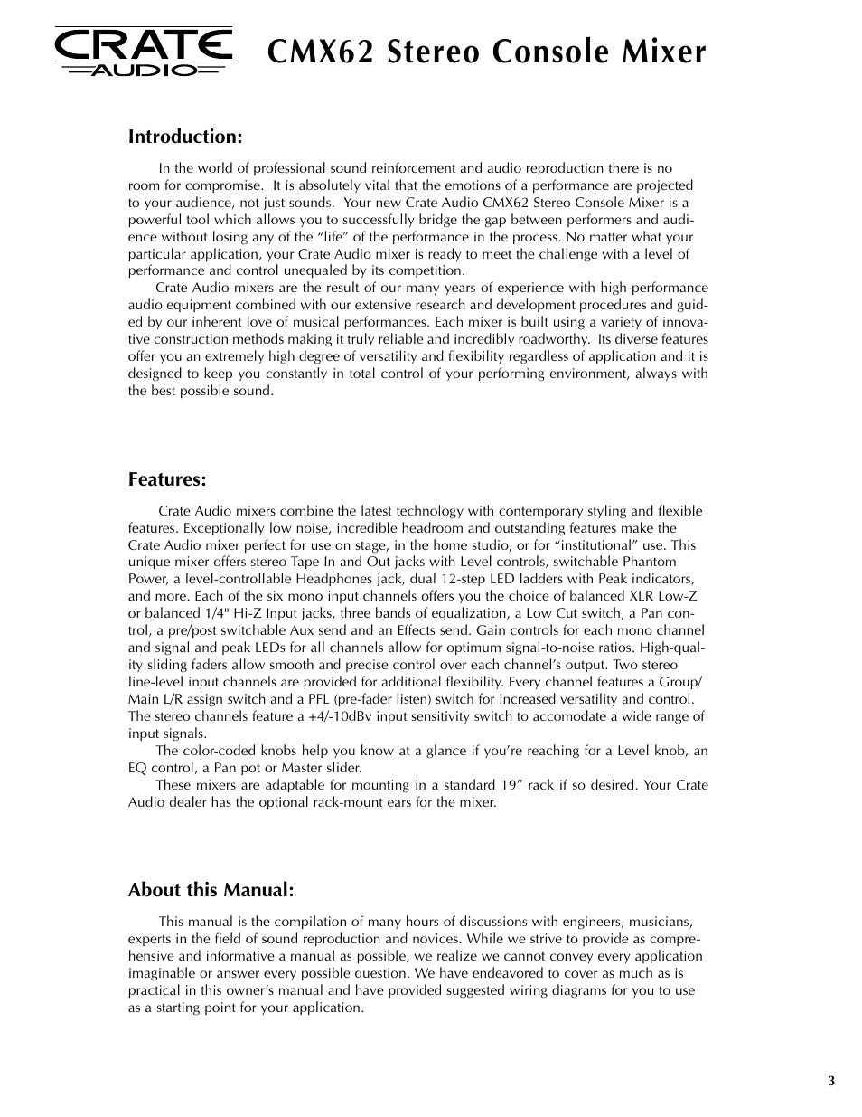 Cmx62 stereo console mixer, Introduction, Features | About this manual | Crate Amplifiers CMX62 User Manual | Page 3 / 16