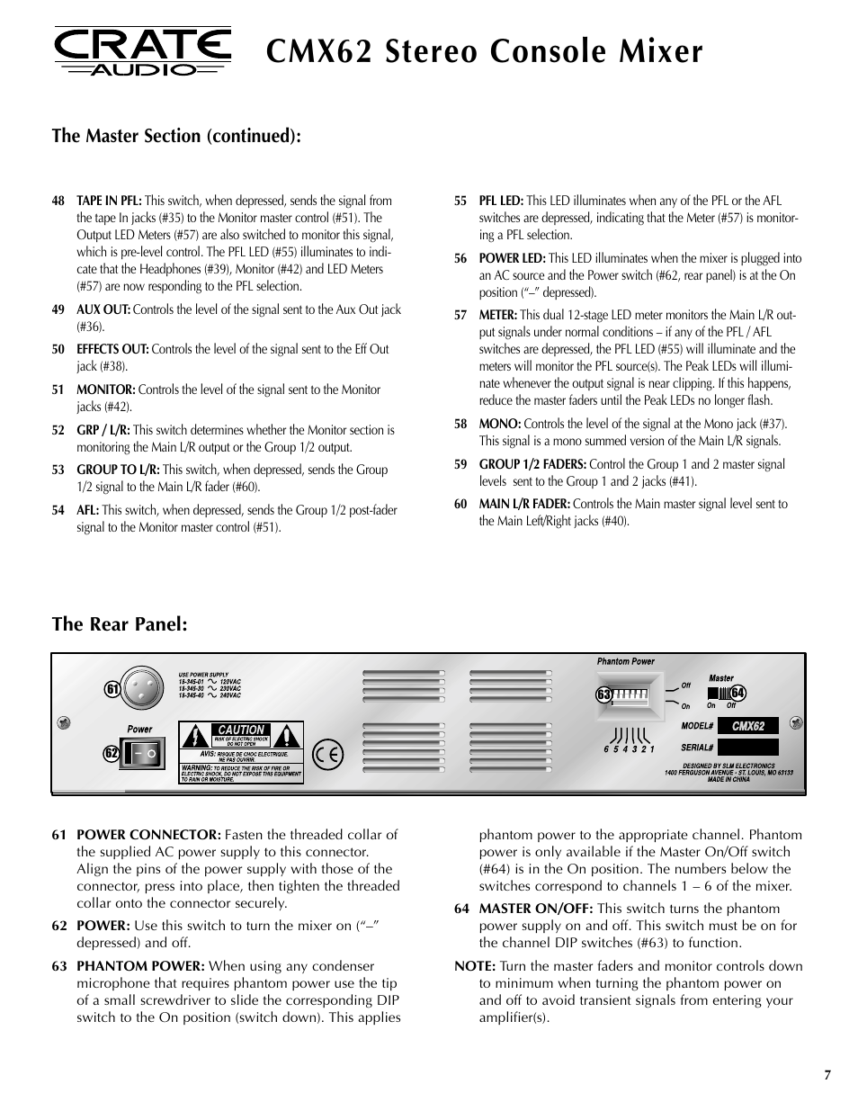 Cmx62 stereo console mixer, The rear panel | Crate Amplifiers CMX62 User Manual | Page 7 / 16