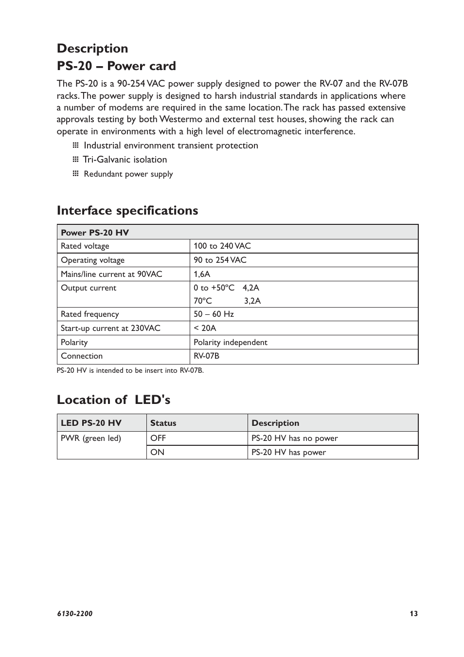 Interface specifications, Location of led's, Description ps-20 – power card | Westermo RV-07B User Manual | Page 13 / 16