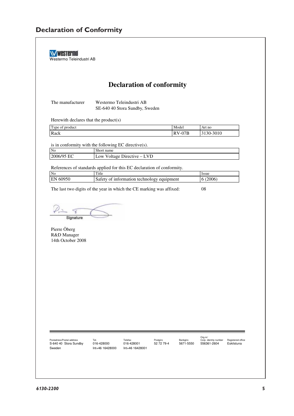 Declaration of conformity | Westermo RV-07B User Manual | Page 5 / 16