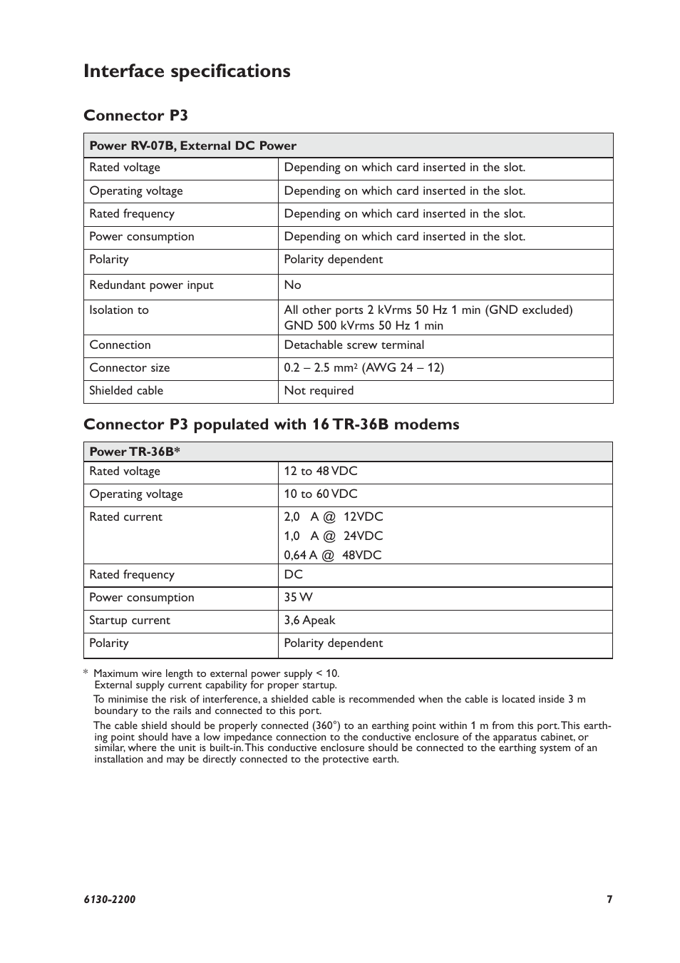 Interface specifications, Connector p3 | Westermo RV-07B User Manual | Page 7 / 16