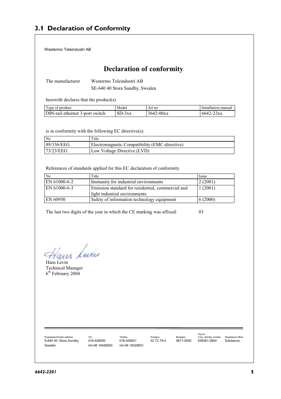 Declaration of conformity, 1 declaration of conformity | Westermo SD-300 User Manual | Page 5 / 16