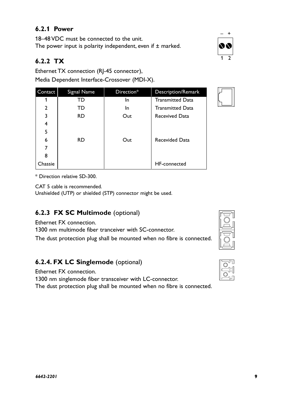 1 power, 3 fx sc multimode (optional), 2 tx | Fx lc singlemode (optional) | Westermo SD-300 User Manual | Page 9 / 16