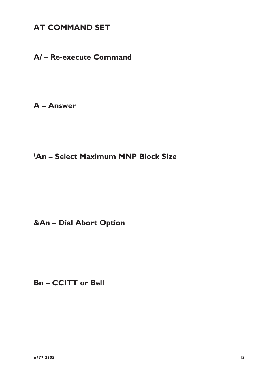 At command set, A/ – re-execute command, A – answer | An – select maximum mnp block size, An – dial abort option, Bn – ccitt or bell | Westermo TD-22 User Manual | Page 12 / 51