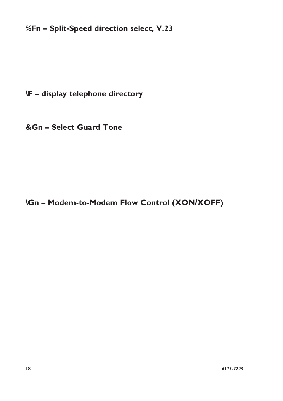 Fn – split-speed direction select, v.23, F – display telephone directory, Gn – select guard tone | Gn – modem-to-modem flow control (xon/xoff) | Westermo TD-22 User Manual | Page 17 / 51