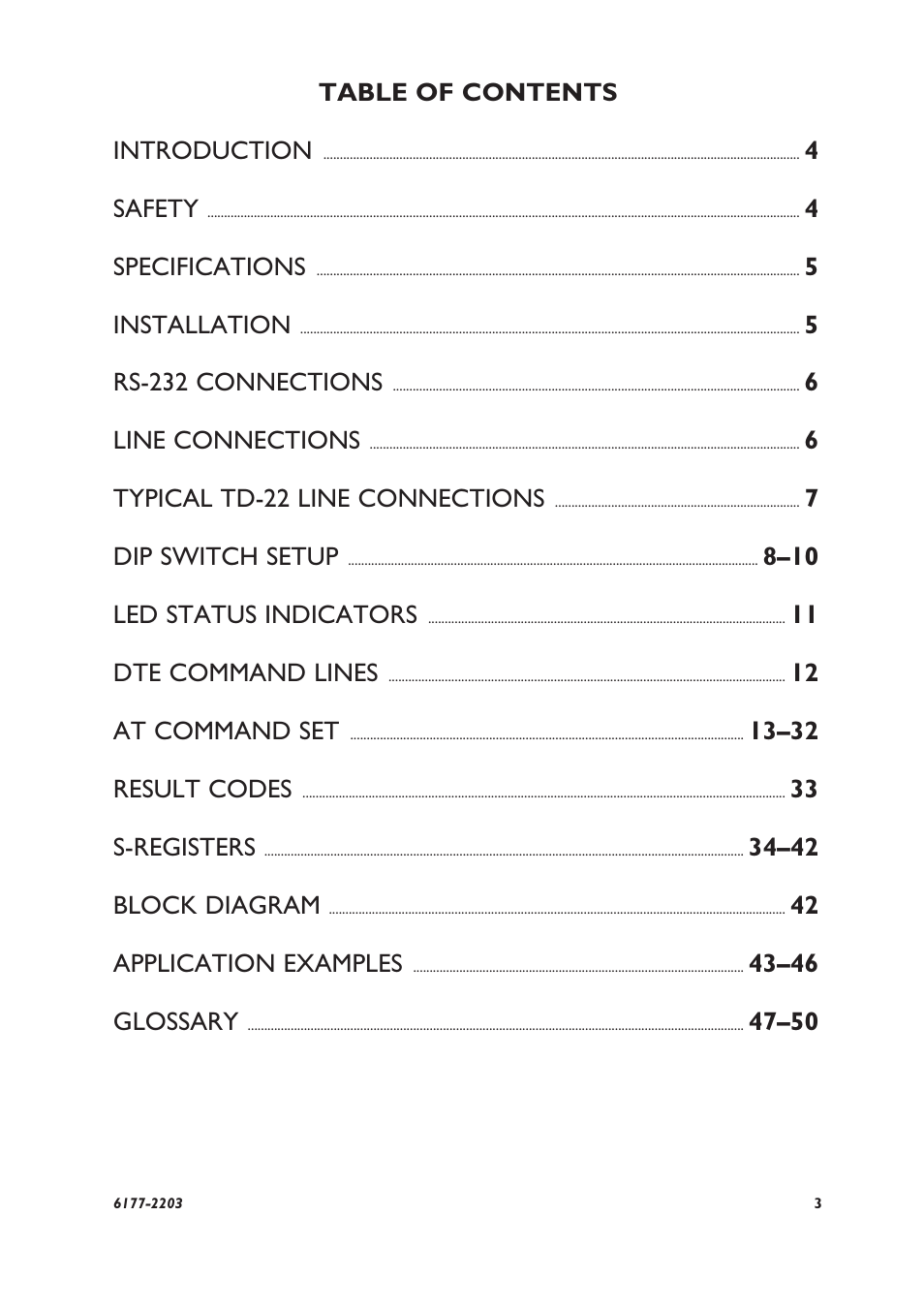 Table of contents introduction, 4safety, 4specifications | 5installation, 5rs-232 connections, 6line connections, 6typical td-22 line connections, 7dip switch setup, 8–10 led status indicators, 11 dte command lines | Westermo TD-22 User Manual | Page 2 / 51