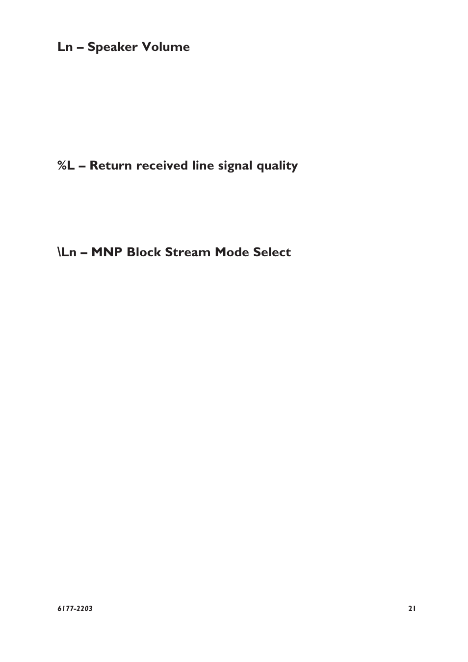 Ln – speaker volume, L – return received line signal quality, Ln – mnp block stream mode select | Westermo TD-22 User Manual | Page 20 / 51