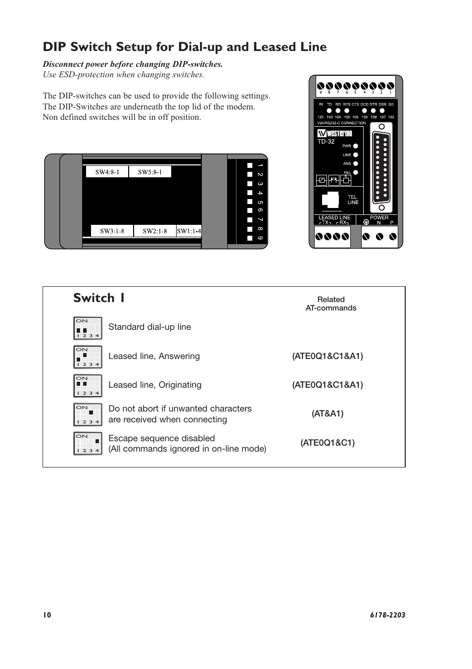 Switch 1, Dip switch setup for dial-up and leased line, Ate0q1&c1&a1) leased line, originating | Westermo TD-32 User Manual | Page 10 / 56