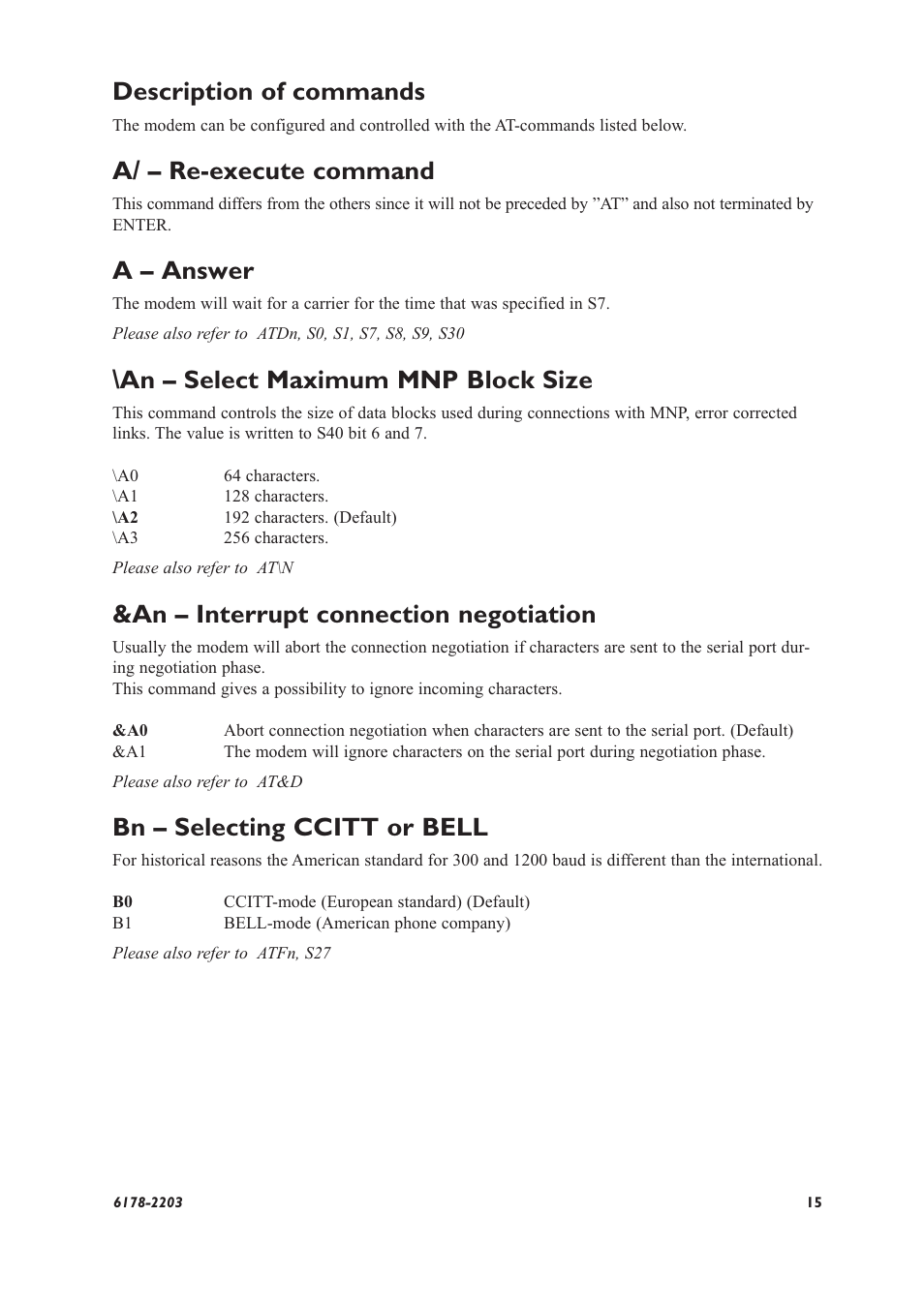 Description of commands, A/ – re-execute command, A – answer | An – select maximum mnp block size, An – interrupt connection negotiation, Bn – selecting ccitt or bell | Westermo TD-32 User Manual | Page 15 / 56