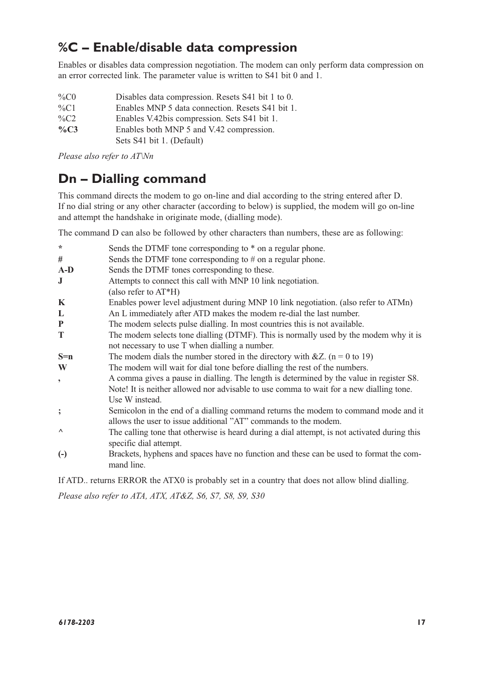 C – enable/disable data compression, Dn – dialling command | Westermo TD-32 User Manual | Page 17 / 56