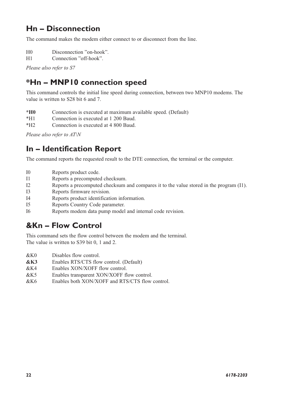 Hn – disconnection, Hn – mnp10 connection speed, Kn – flow control | Westermo TD-32 User Manual | Page 22 / 56