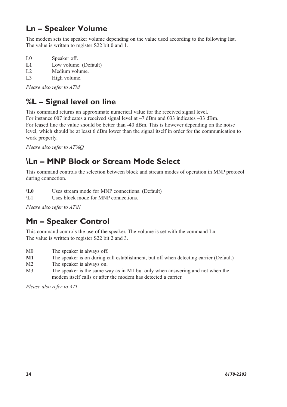 Ln – speaker volume, L – signal level on line, Ln – mnp block or stream mode select | Mn – speaker control | Westermo TD-32 User Manual | Page 24 / 56