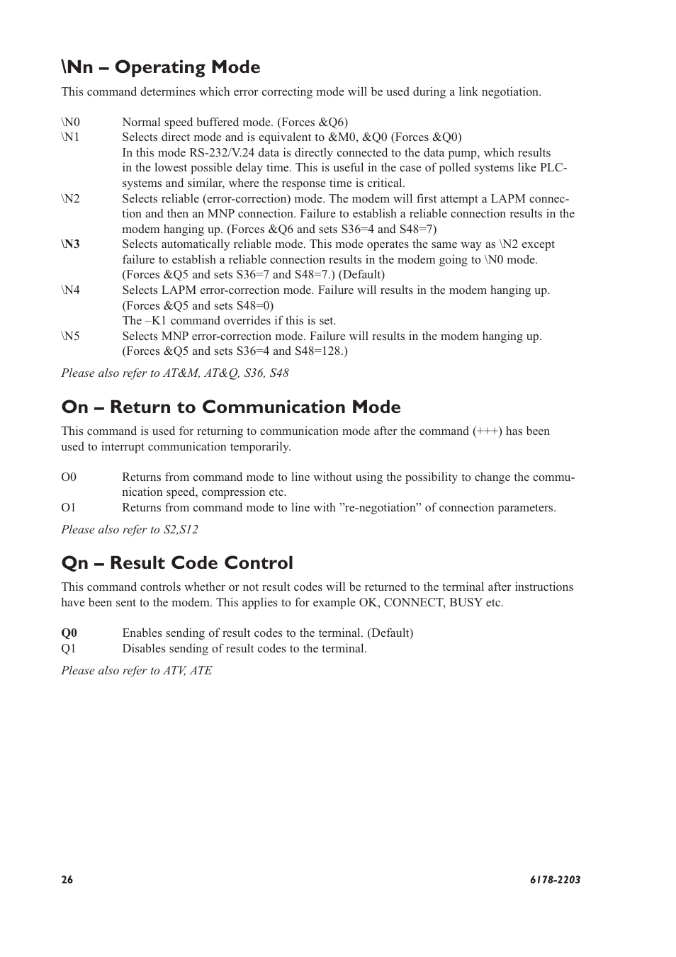 Nn – operating mode, On – return to communication mode, Qn – result code control | Westermo TD-32 User Manual | Page 26 / 56