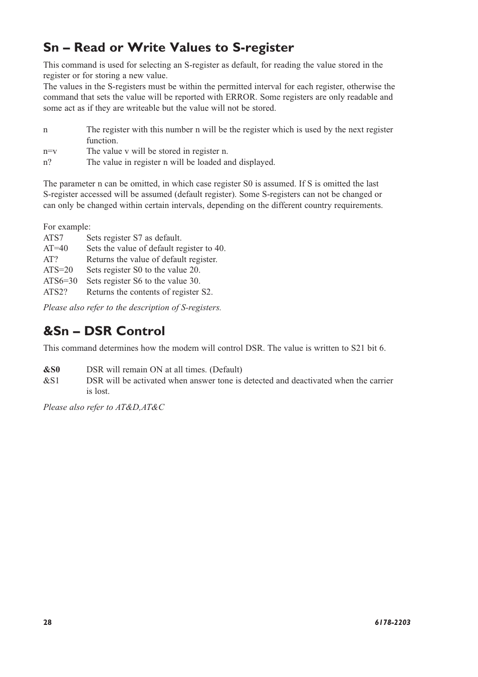 Sn – read or write values to s-register, Sn – dsr control | Westermo TD-32 User Manual | Page 28 / 56