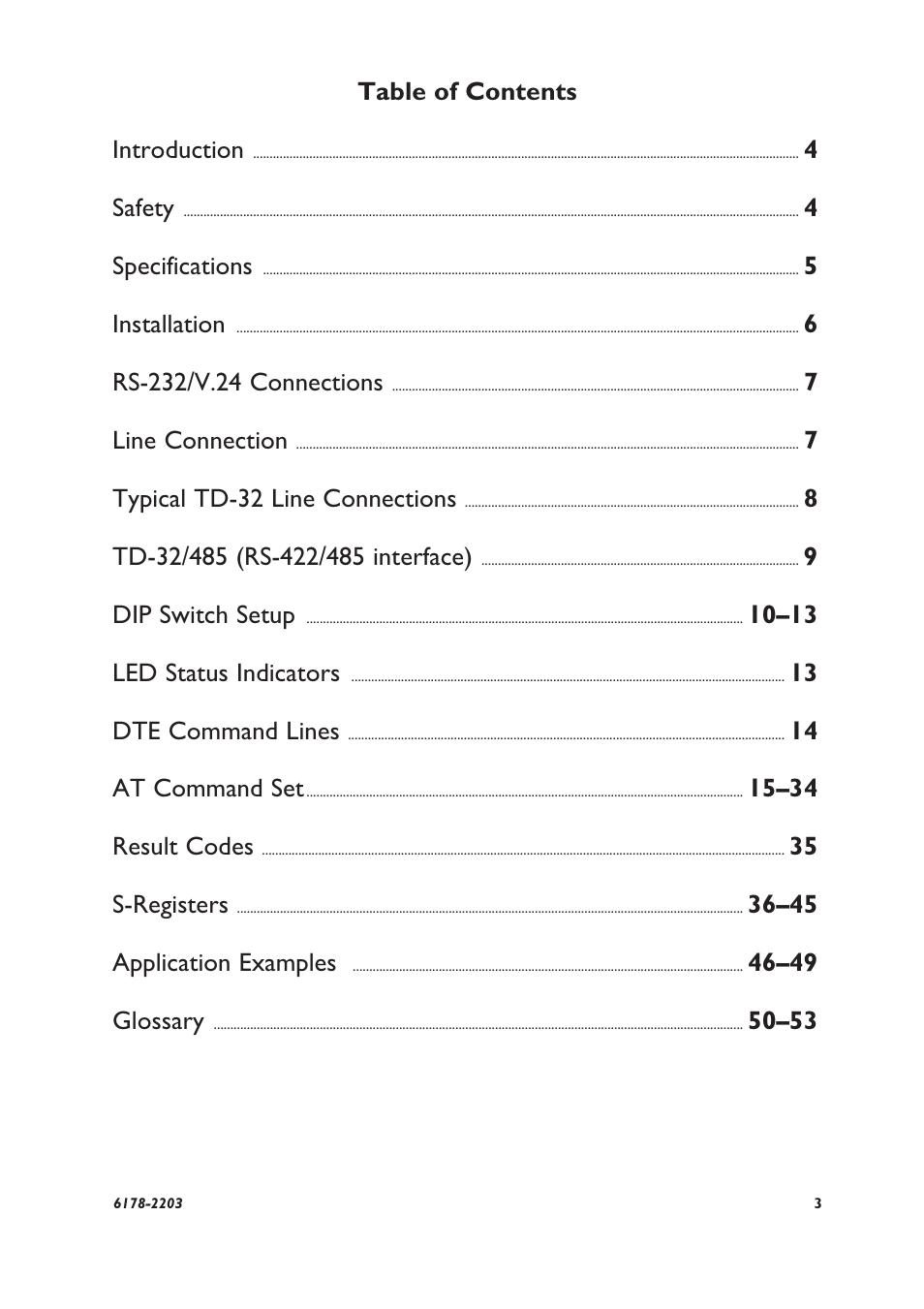 Table of contents introduction, 4safety, 4specifications | 5installation, 7line connection, 7typical td-32 line connections, 9dip switch setup, 10–13 led status indicators, 13 dte command lines, 14 at command set | Westermo TD-32 User Manual | Page 3 / 56