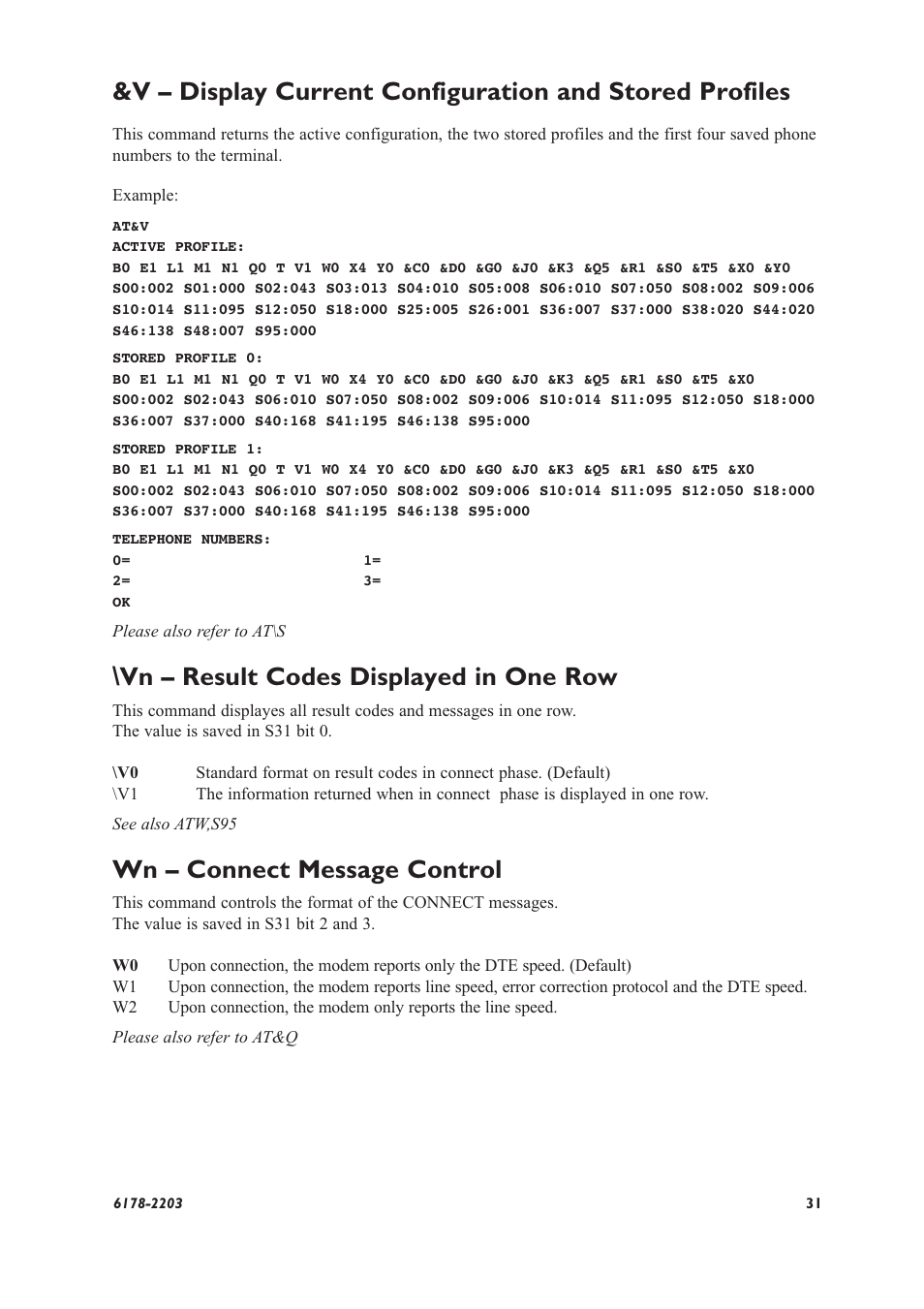 Vn – result codes displayed in one row, Wn – connect message control | Westermo TD-32 User Manual | Page 31 / 56