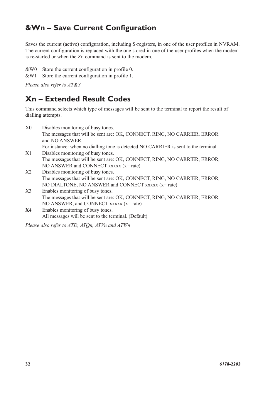 Wn – save current configuration, Xn – extended result codes | Westermo TD-32 User Manual | Page 32 / 56