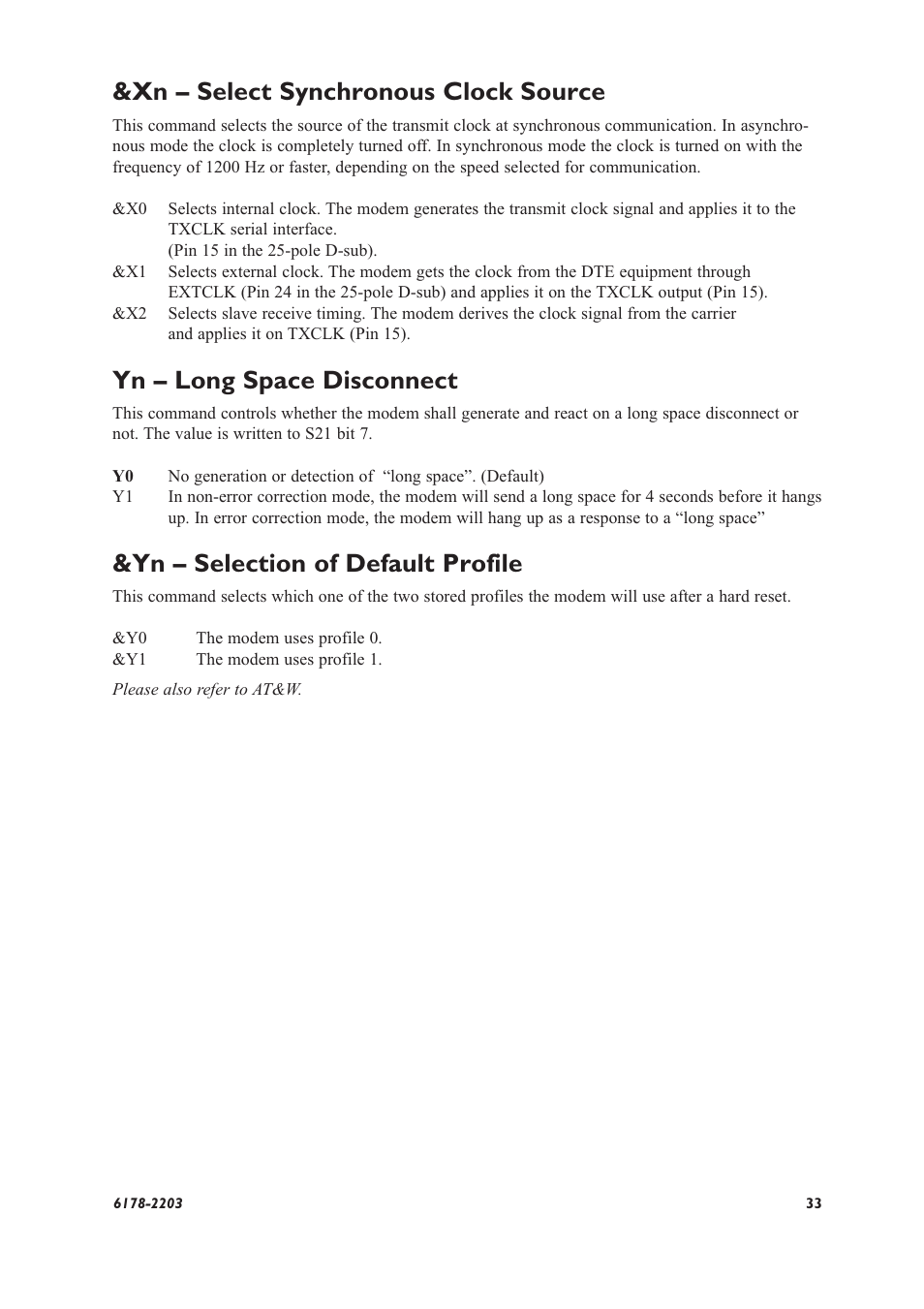 Xn – select synchronous clock source, Yn – long space disconnect, Yn – selection of default profile | Westermo TD-32 User Manual | Page 33 / 56