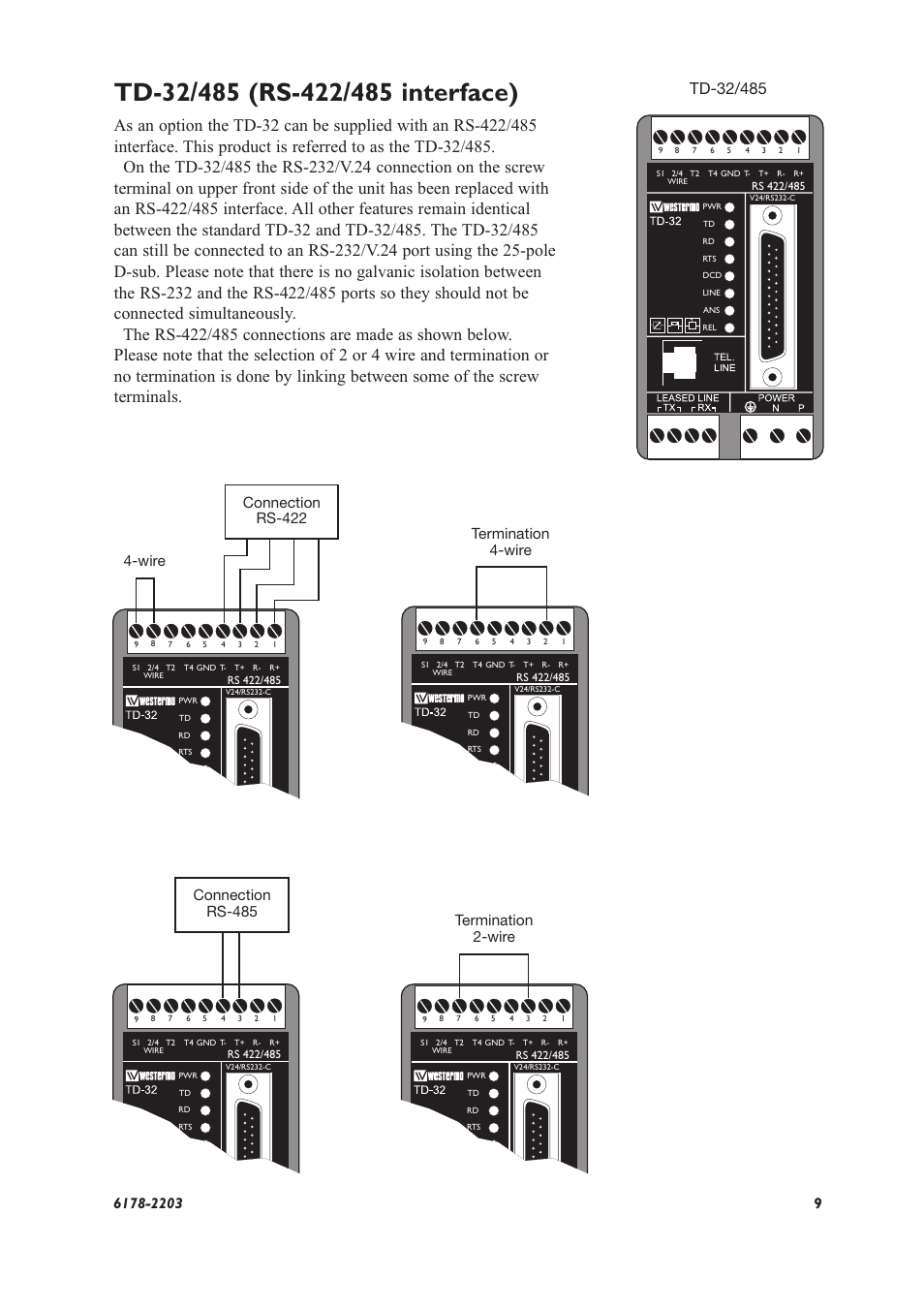 Termination 4-wire 4-wire, Connection rs-485, Connection rs-422 | Westermo TD-32 User Manual | Page 9 / 56